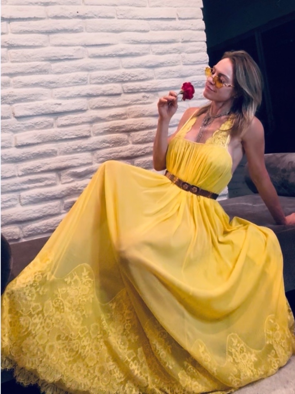 HAH Hot-As-Hell Yellow Lace Bodysuit + Maxi Dress Set Small Boho Goddess